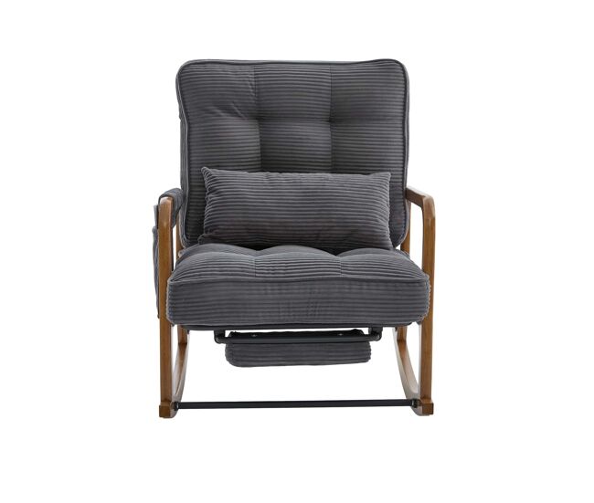Sillón mecedora con reposapiés - de corduroy, ergonómico, con bolsillo lateral, cojín lumbar y respaldo reclinable - gris