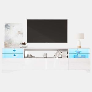 Móvel de TV 180x35x60 cm - iluminação LED, prateleira aberta, 4 portas basculantes, 8 compartimentos, para televisores até 75, acabamento de alto brilho - branco brilhante