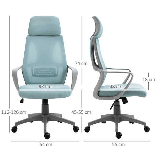 Cadeira de escritório ajustável com apoios de braço, apoio de cabeça e função de inclinação, capacidade de carga de 120 kg, 64x55x116-126 cm, azul Cadeira de escritório ajustável com apoios de braço, apoio de cabeça e função de inclinação, capacidade de carga de 120 kg, 64x55x116-126 cm, azul