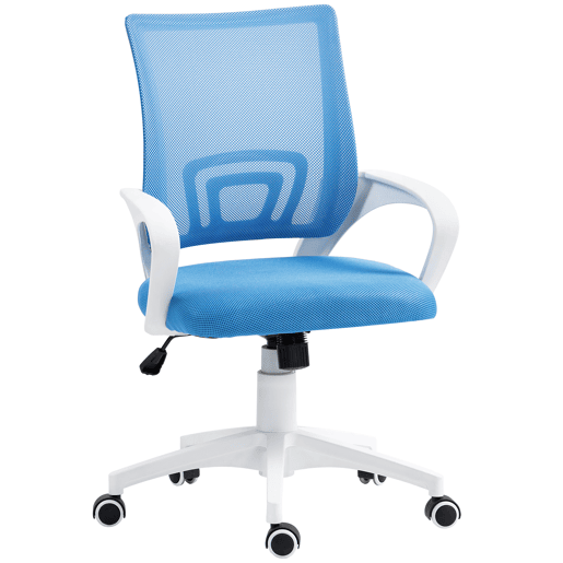 Cadeira de escritório giratória em tela com altura ajustável, função de inclinação e apoios de braço, capacidade de carga de 120 kg, azul claro.