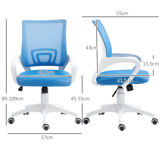 Cadeira de escritório giratória em tela com altura ajustável, função de inclinação e apoios de braço, capacidade de carga de 120 kg, azul claro.