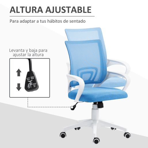 Cadeira de escritório giratória em tela com altura ajustável, função de inclinação e apoios de braço, capacidade de carga de 120 kg, azul claro.