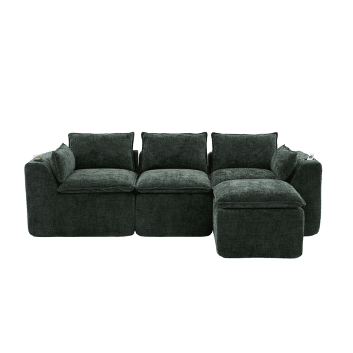 Sofá modular de 3 lugares + pufe para os pés de 3 lugares u2014 com almofadas, porta-copos, bolsos laterais, espuma e núcleo de molas, design modular, chenille u2014 verde escuro