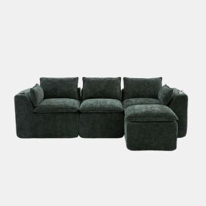Sofá modular de 3 lugares + pufe para os pés de 3 lugares u2014 com almofadas, porta-copos, bolsos laterais, espuma e núcleo de molas, design modular, chenille u2014 verde escuro