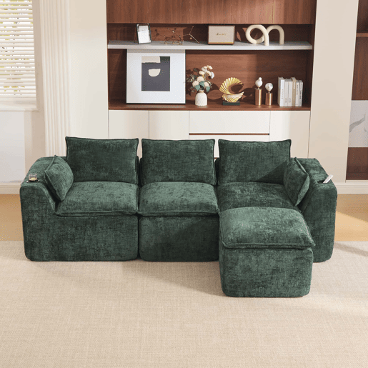 Sofá modular de 3 lugares + pufe para os pés de 3 lugares u2014 com almofadas, porta-copos, bolsos laterais, espuma e núcleo de molas, design modular, chenille u2014 verde escuro
