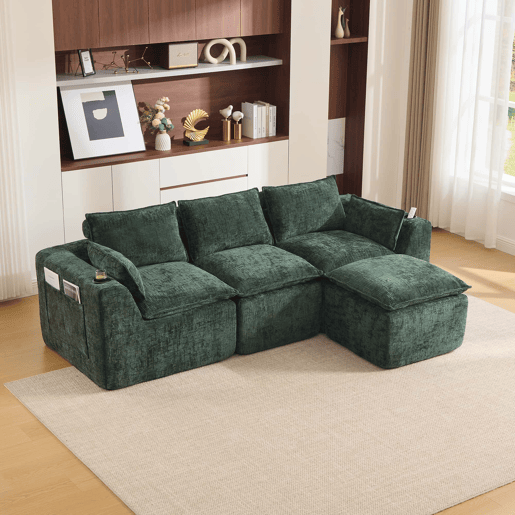 Sofá modular de 3 lugares + pufe para os pés de 3 lugares u2014 com almofadas, porta-copos, bolsos laterais, espuma e núcleo de molas, design modular, chenille u2014 verde escuro