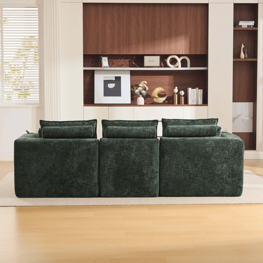 Sofá modular de 3 lugares + pufe para os pés de 3 lugares u2014 com almofadas, porta-copos, bolsos laterais, espuma e núcleo de molas, design modular, chenille u2014 verde escuro