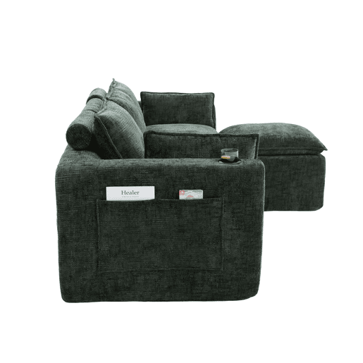 Sofá modular de 3 lugares + pufe para os pés de 3 lugares u2014 com almofadas, porta-copos, bolsos laterais, espuma e núcleo de molas, design modular, chenille u2014 verde escuro