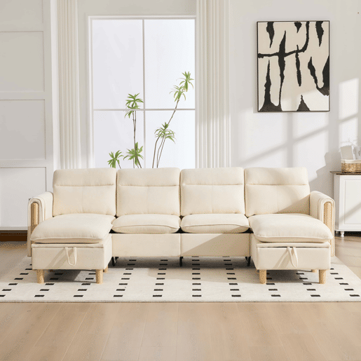 Sofá em U modular de 4 lugares u2014 com duas otomanas com espaço de arrumação, design modular com pés de madeira, tecido de chenille confortável u2014 bege Sofá em U modular de 4 lugares u2014 com duas otomanas com espaço de arrumação, design modular com pés de madeira, tecido de chenille confortável u2014 bege