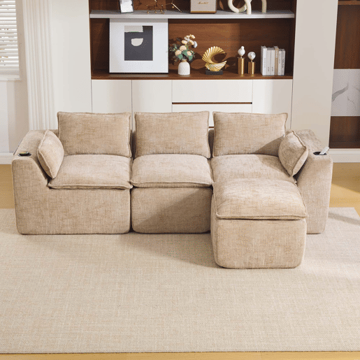 Sofá modular de 3 lugares + apoio para os pés - almofadas, porta-copos, bolsos laterais, espuma e molas - cáqui Sofá modular de 3 lugares + apoio para os pés - almofadas, porta-copos, bolsos laterais, espuma e molas - cáqui