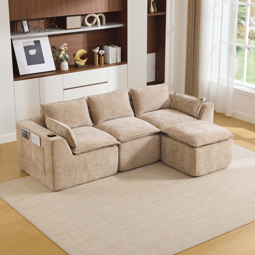 Sofá modular de 3 lugares + apoio para os pés - almofadas, porta-copos, bolsos laterais, espuma e molas - cáqui Sofá modular de 3 lugares + apoio para os pés - almofadas, porta-copos, bolsos laterais, espuma e molas - cáqui