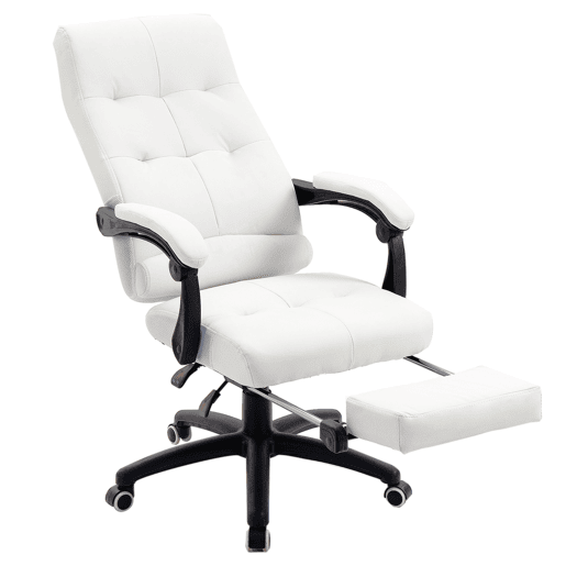 Cadeira de escritório giratória, cadeira de mesa reclinável, cadeira de estudo estofada em PU com altura ajustável, apoios de braço e apoio para os pés, 65x65x118-125 cm, branca Cadeira de escritório giratória, cadeira de mesa reclinável, cadeira de estudo estofada em PU com altura ajustável, apoios de braço e apoio para os pés, 65x65x118-125 cm, branca