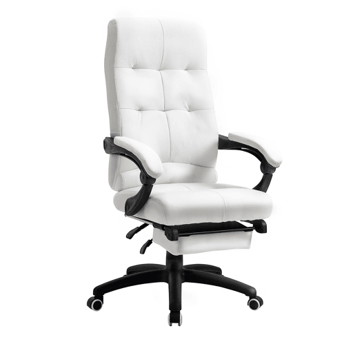 Cadeira de escritório giratória, cadeira de mesa reclinável, cadeira de estudo estofada em PU com altura ajustável, apoios de braço e apoio para os pés, 65x65x118-125 cm, branca Cadeira de escritório giratória, cadeira de mesa reclinável, cadeira de estudo estofada em PU com altura ajustável, apoios de braço e apoio para os pés, 65x65x118-125 cm, branca