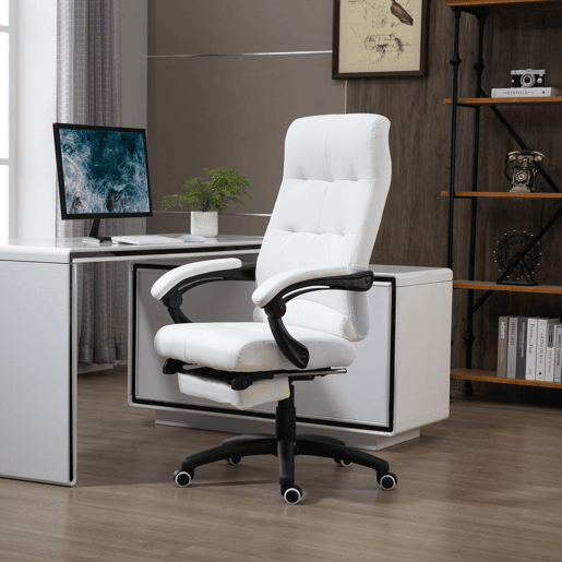 Cadeira de escritório giratória, cadeira de mesa reclinável, cadeira de estudo estofada em PU com altura ajustável, apoios de braço e apoio para os pés, 65x65x118-125 cm, branca Cadeira de escritório giratória, cadeira de mesa reclinável, cadeira de estudo estofada em PU com altura ajustável, apoios de braço e apoio para os pés, 65x65x118-125 cm, branca