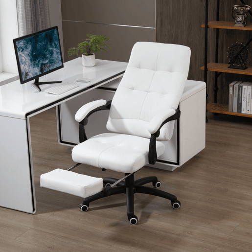 Cadeira de escritório giratória, cadeira de mesa reclinável, cadeira de estudo estofada em PU com altura ajustável, apoios de braço e apoio para os pés, 65x65x118-125 cm, branca Cadeira de escritório giratória, cadeira de mesa reclinável, cadeira de estudo estofada em PU com altura ajustável, apoios de braço e apoio para os pés, 65x65x118-125 cm, branca