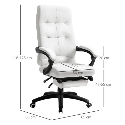 Cadeira de escritório giratória, cadeira de mesa reclinável, cadeira de estudo estofada em PU com altura ajustável, apoios de braço e apoio para os pés, 65x65x118-125 cm, branca Cadeira de escritório giratória, cadeira de mesa reclinável, cadeira de estudo estofada em PU com altura ajustável, apoios de braço e apoio para os pés, 65x65x118-125 cm, branca