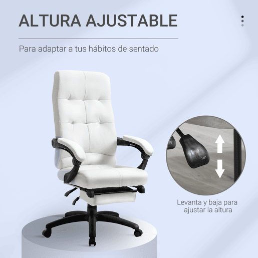Cadeira de escritório giratória, cadeira de mesa reclinável, cadeira de estudo estofada em PU com altura ajustável, apoios de braço e apoio para os pés, 65x65x118-125 cm, branca Cadeira de escritório giratória, cadeira de mesa reclinável, cadeira de estudo estofada em PU com altura ajustável, apoios de braço e apoio para os pés, 65x65x118-125 cm, branca
