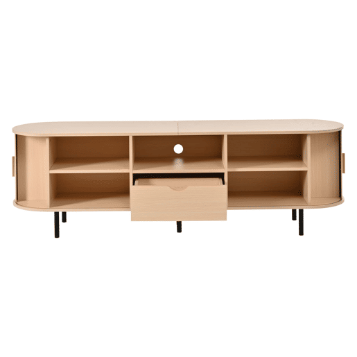 Móvel para televisão 175 x 40 x 55 cm - design arredondado, porta enrolável, MDF, capacidade de carga de 50 kg, gaveta e prateleiras abertas - Natural