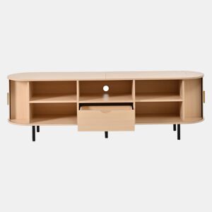 Móvel para televisão 175 x 40 x 55 cm - design arredondado, porta enrolável, MDF, capacidade de carga de 50 kg, gaveta e prateleiras abertas - Natural