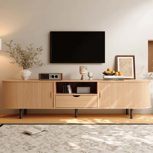 Móvel para televisão 175 x 40 x 55 cm - design arredondado, porta enrolável, MDF, capacidade de carga de 50 kg, gaveta e prateleiras abertas - Natural
