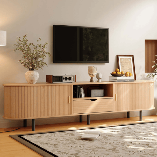 Móvel para televisão 175 x 40 x 55 cm - design arredondado, porta enrolável, MDF, capacidade de carga de 50 kg, gaveta e prateleiras abertas - Natural