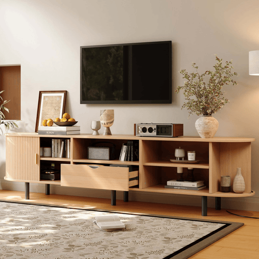 Móvel para televisão 175 x 40 x 55 cm - design arredondado, porta enrolável, MDF, capacidade de carga de 50 kg, gaveta e prateleiras abertas - Natural