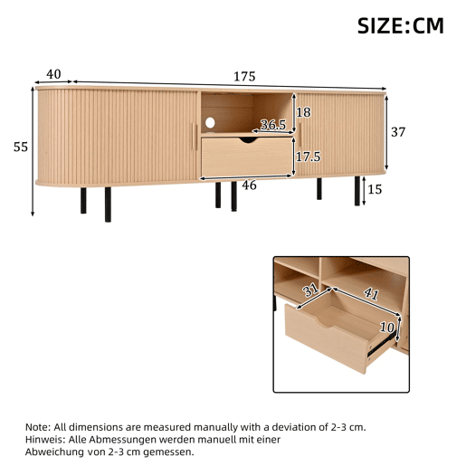 Móvel para televisão 175 x 40 x 55 cm - design arredondado, porta enrolável, MDF, capacidade de carga de 50 kg, gaveta e prateleiras abertas - Natural