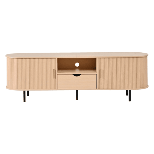 Móvel para televisão 175 x 40 x 55 cm - design arredondado, porta enrolável, MDF, capacidade de carga de 50 kg, gaveta e prateleiras abertas - Natural