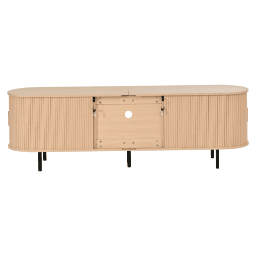 Móvel para televisão 175 x 40 x 55 cm - design arredondado, porta enrolável, MDF, capacidade de carga de 50 kg, gaveta e prateleiras abertas - Natural