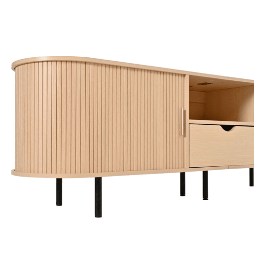 Móvel para televisão 175 x 40 x 55 cm - design arredondado, porta enrolável, MDF, capacidade de carga de 50 kg, gaveta e prateleiras abertas - Natural