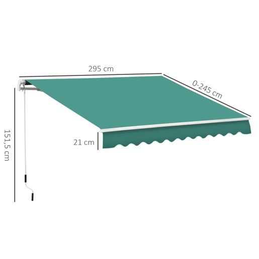 Toldo de parede com braço articulado e manivela, estrutura robusta em alumínio e cobertura em poliéster, 295 x 245 cm, verde. Toldo de parede com braço articulado e manivela, estrutura robusta em alumínio e cobertura em poliéster, 295 x 245 cm, verde.