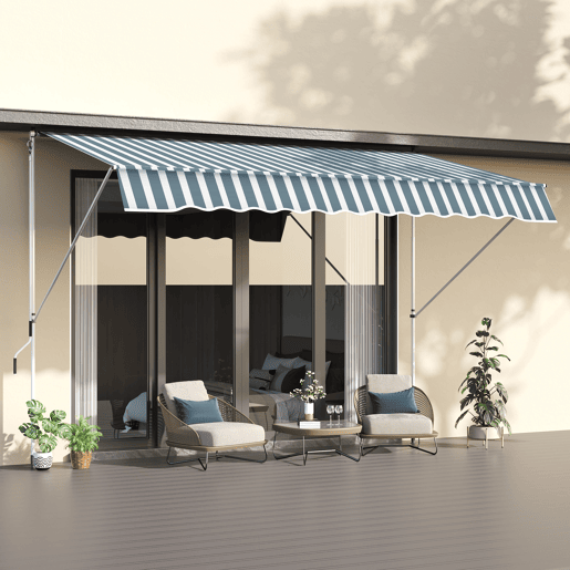 Toldo retrátil manual 300x150x170-280 cm com altura ajustável, manivela e proteção solar para terraço verde