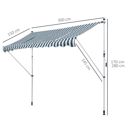 Toldo retrátil manual 300x150x170-280 cm com altura ajustável, manivela e proteção solar para terraço verde