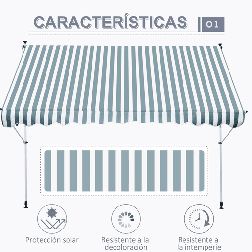 Toldo retrátil manual 300x150x170-280 cm com altura ajustável, manivela e proteção solar para terraço verde