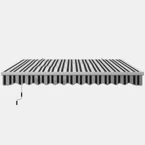 Toldo retrátil manual 395x245 cm com braço articulado e ângulo ajustável, proteção UV e impermeável, para montagem na parede, nas cores azul e branca.