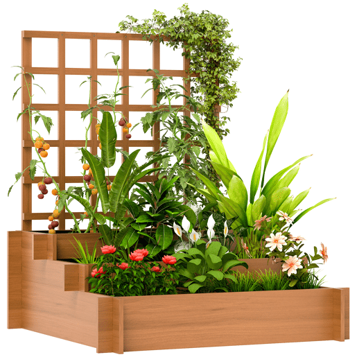 Jardineira de 3 níveis com treliça e tecido não tecido para o cultivo de vegetais, flores e ervas, 95x95x110 cm, cor natural. Jardineira de 3 níveis com treliça e tecido não tecido para o cultivo de vegetais, flores e ervas, 95x95x110 cm, cor natural.