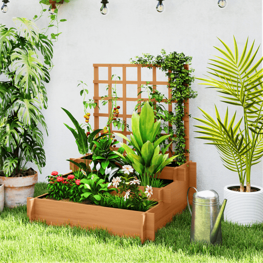 Jardineira de 3 níveis com treliça e tecido não tecido para o cultivo de vegetais, flores e ervas, 95x95x110 cm, cor natural. Jardineira de 3 níveis com treliça e tecido não tecido para o cultivo de vegetais, flores e ervas, 95x95x110 cm, cor natural.