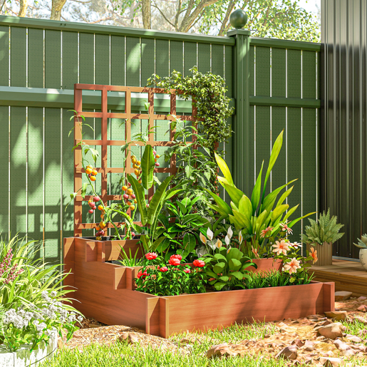 Jardineira de 3 níveis com treliça e tecido não tecido para o cultivo de vegetais, flores e ervas, 95x95x110 cm, cor natural. Jardineira de 3 níveis com treliça e tecido não tecido para o cultivo de vegetais, flores e ervas, 95x95x110 cm, cor natural.