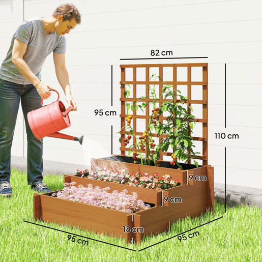 Jardineira de 3 níveis com treliça e tecido não tecido para o cultivo de vegetais, flores e ervas, 95x95x110 cm, cor natural. Jardineira de 3 níveis com treliça e tecido não tecido para o cultivo de vegetais, flores e ervas, 95x95x110 cm, cor natural.
