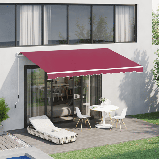 Toldo manual 395x245 cm com manivela, para varanda, terraço ou pátio, em alumínio e tecido de poliéster 280 gm², com proteção UV, vermelho. Toldo manual 395x245 cm com manivela, para varanda, terraço ou pátio, em alumínio e tecido de poliéster 280 gm², com proteção UV, vermelho.