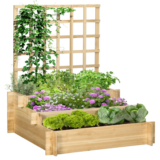 Jardineira de 3 níveis com treliça e tecido não tecido para o cultivo de vegetais, flores e ervas, 95x95x110 cm, cor natural.