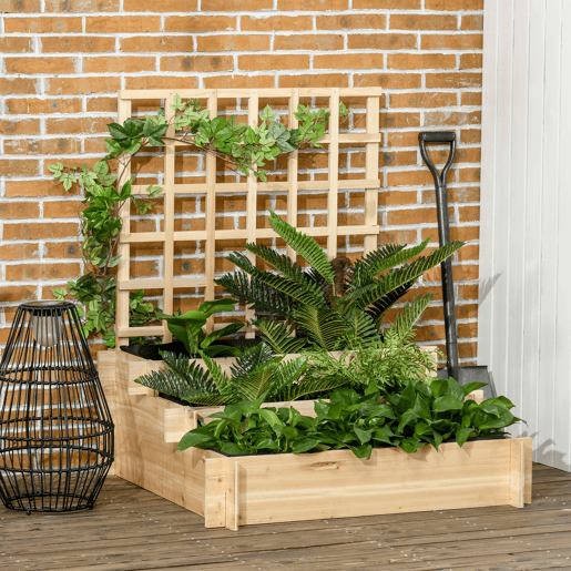 Jardineira de 3 níveis com treliça e tecido não tecido para o cultivo de vegetais, flores e ervas, 95x95x110 cm, cor natural.