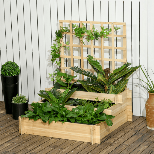 Jardineira de 3 níveis com treliça e tecido não tecido para o cultivo de vegetais, flores e ervas, 95x95x110 cm, cor natural.