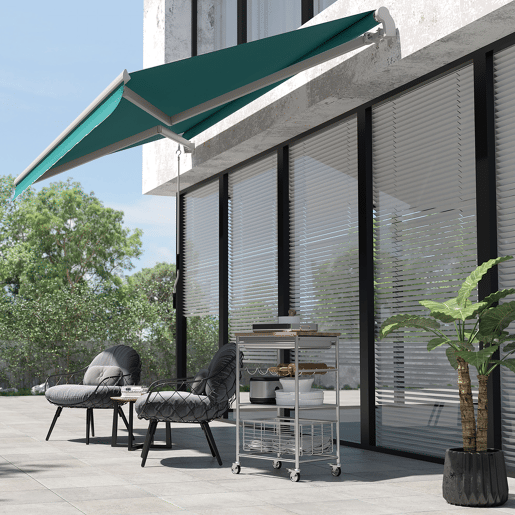 Toldo manual 395x245 cm com manivela, para varanda, terraço ou pátio, em alumínio e tecido de poliéster 280 gm², com proteção UV, na cor verde. Toldo manual 395x245 cm com manivela, para varanda, terraço ou pátio, em alumínio e tecido de poliéster 280 gm², com proteção UV, na cor verde.