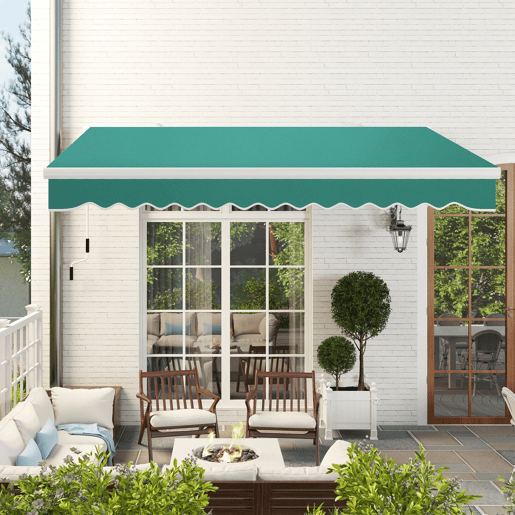 Toldo manual 395x245 cm com manivela, para varanda, terraço ou pátio, em alumínio e tecido de poliéster 280 gm², com proteção UV, na cor verde. Toldo manual 395x245 cm com manivela, para varanda, terraço ou pátio, em alumínio e tecido de poliéster 280 gm², com proteção UV, na cor verde.