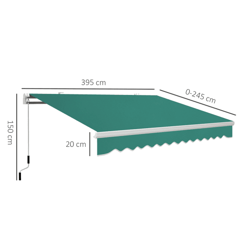 Toldo manual 395x245 cm com manivela, para varanda, terraço ou pátio, em alumínio e tecido de poliéster 280 gm², com proteção UV, na cor verde. Toldo manual 395x245 cm com manivela, para varanda, terraço ou pátio, em alumínio e tecido de poliéster 280 gm², com proteção UV, na cor verde.