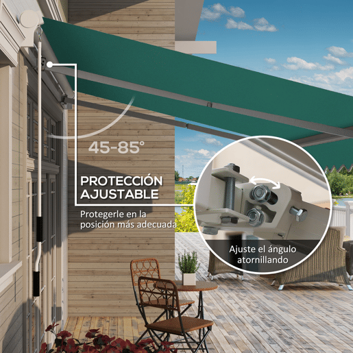 Toldo manual 395x245 cm com manivela, para varanda, terraço ou pátio, em alumínio e tecido de poliéster 280 gm², com proteção UV, na cor verde. Toldo manual 395x245 cm com manivela, para varanda, terraço ou pátio, em alumínio e tecido de poliéster 280 gm², com proteção UV, na cor verde.
