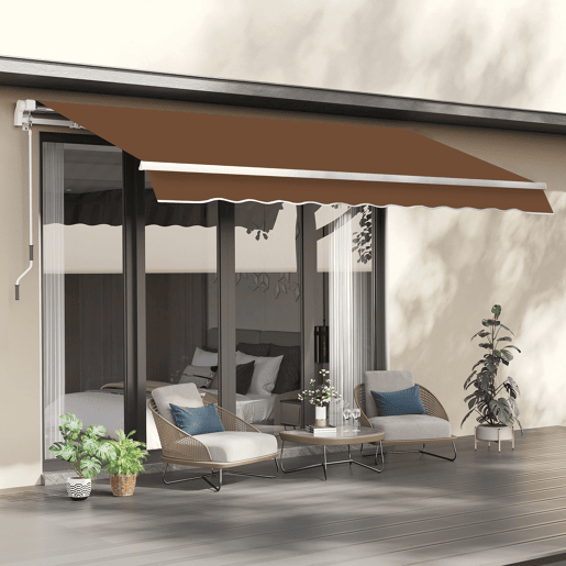 Toldo de parede com braço articulado e manivela, estrutura robusta em alumínio e cobertura em poliéster, 295 x 245 cm, cor café.