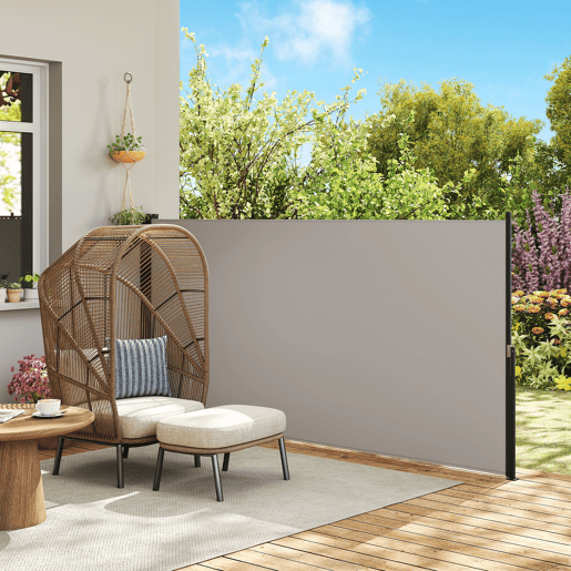 Toldo lateral retrátil, tela de privacidade enrolável, à prova d'água e com proteção UV, cinza claro. Toldo lateral retrátil, tela de privacidade enrolável, à prova d'água e com proteção UV, cinza claro.