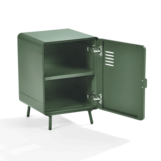 Armário Metálico Pequeno Com Porta e Prateleira Interna, Design Retrô Com Pés de Aço, Móvel Auxiliar Para Sala ou Quarto, Estrutura Resistente e Cantos Arredondados Verde